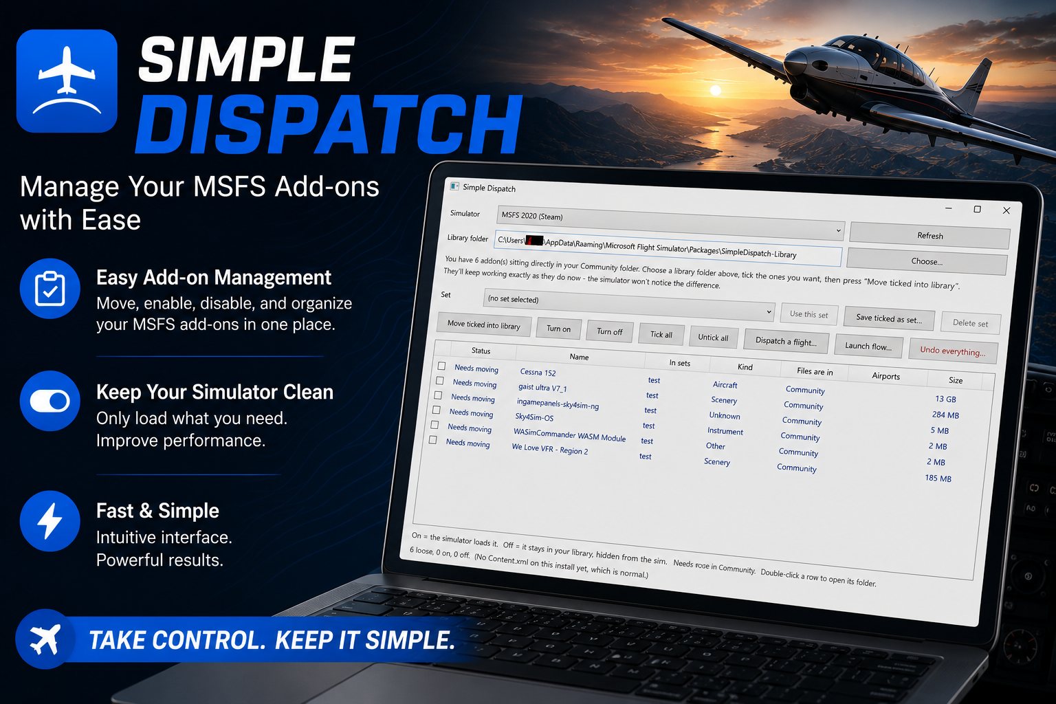 Simple Dispatch open on a laptop, listing installed add-ons with their status, kind, size and the sets they belong to.