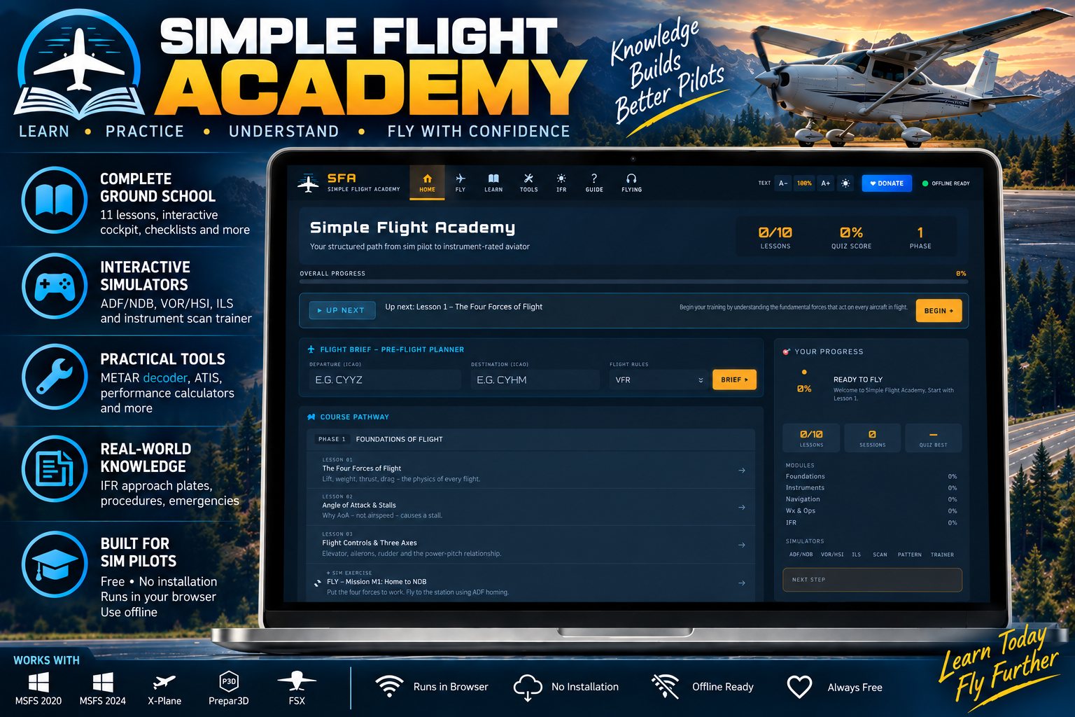Simple Flight Academy open on a laptop, showing the course pathway, a pre-flight brief panel and progress across lessons and simulators.