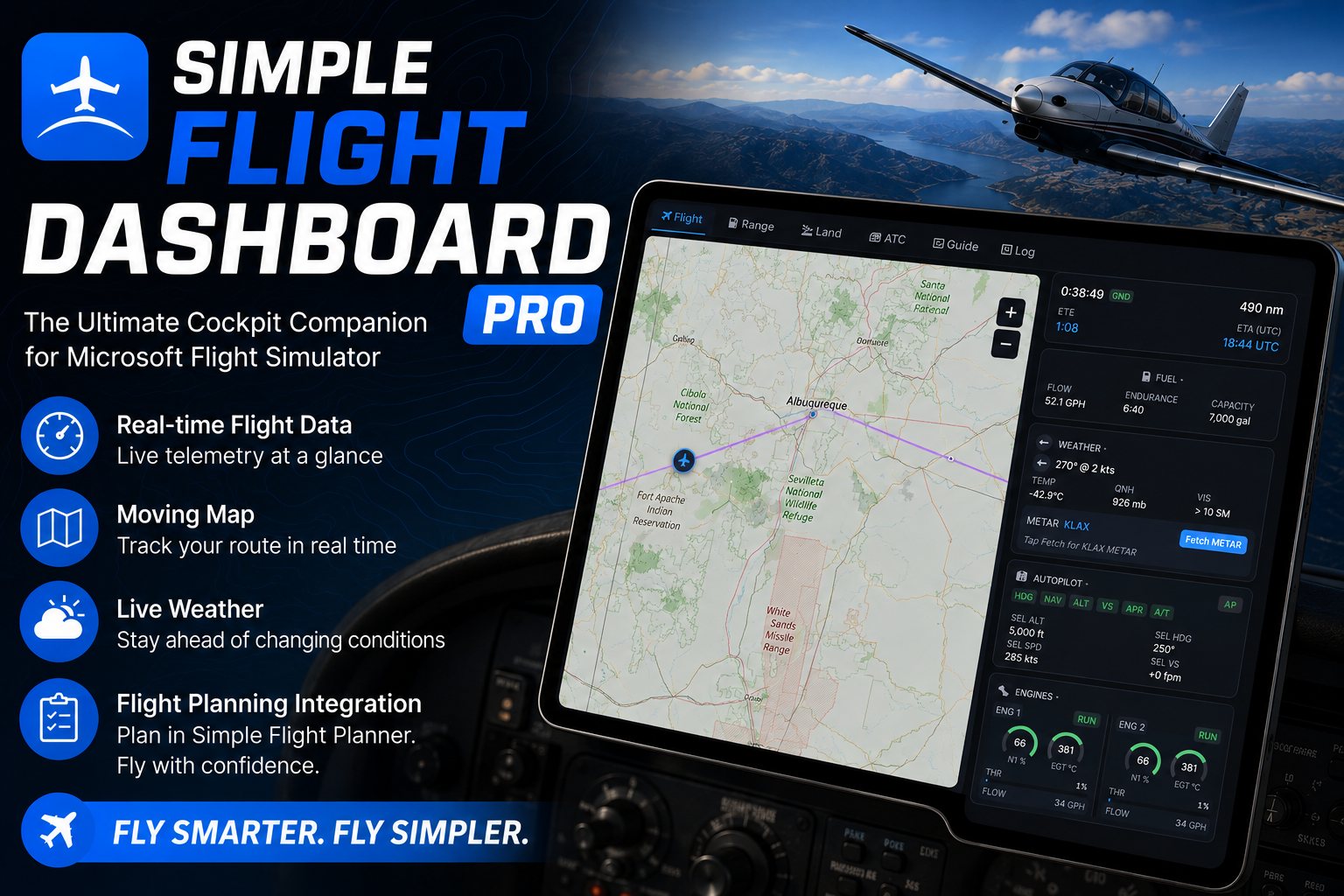 Simple Flight Dashboard Pro on a tablet in a cockpit, showing a moving map beside live panels for fuel, weather, autopilot and engines.