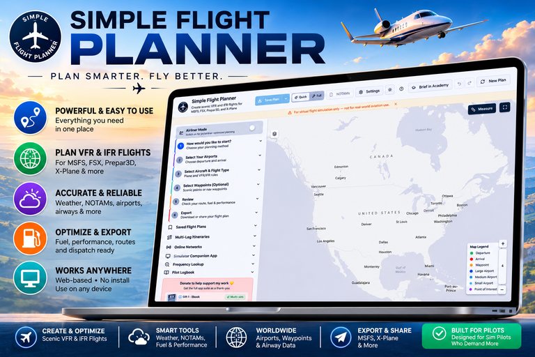 Simple Flight Planner open in a laptop browser, showing the step-by-step planning panel beside a map of North America.