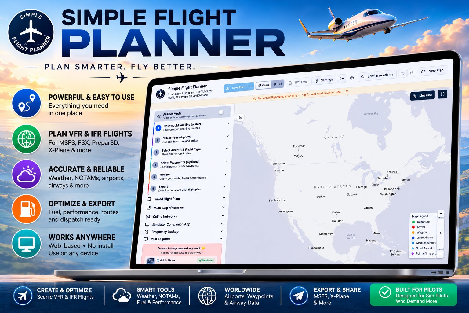 Simple Flight Planner open in a laptop browser, showing the step-by-step planning panel beside a map of North America.