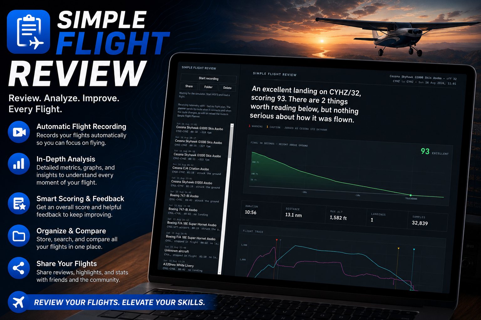 Simple Flight Review open on a laptop, showing a landing scored 93, a height trace of the final thirty seconds, and a list of past flights.