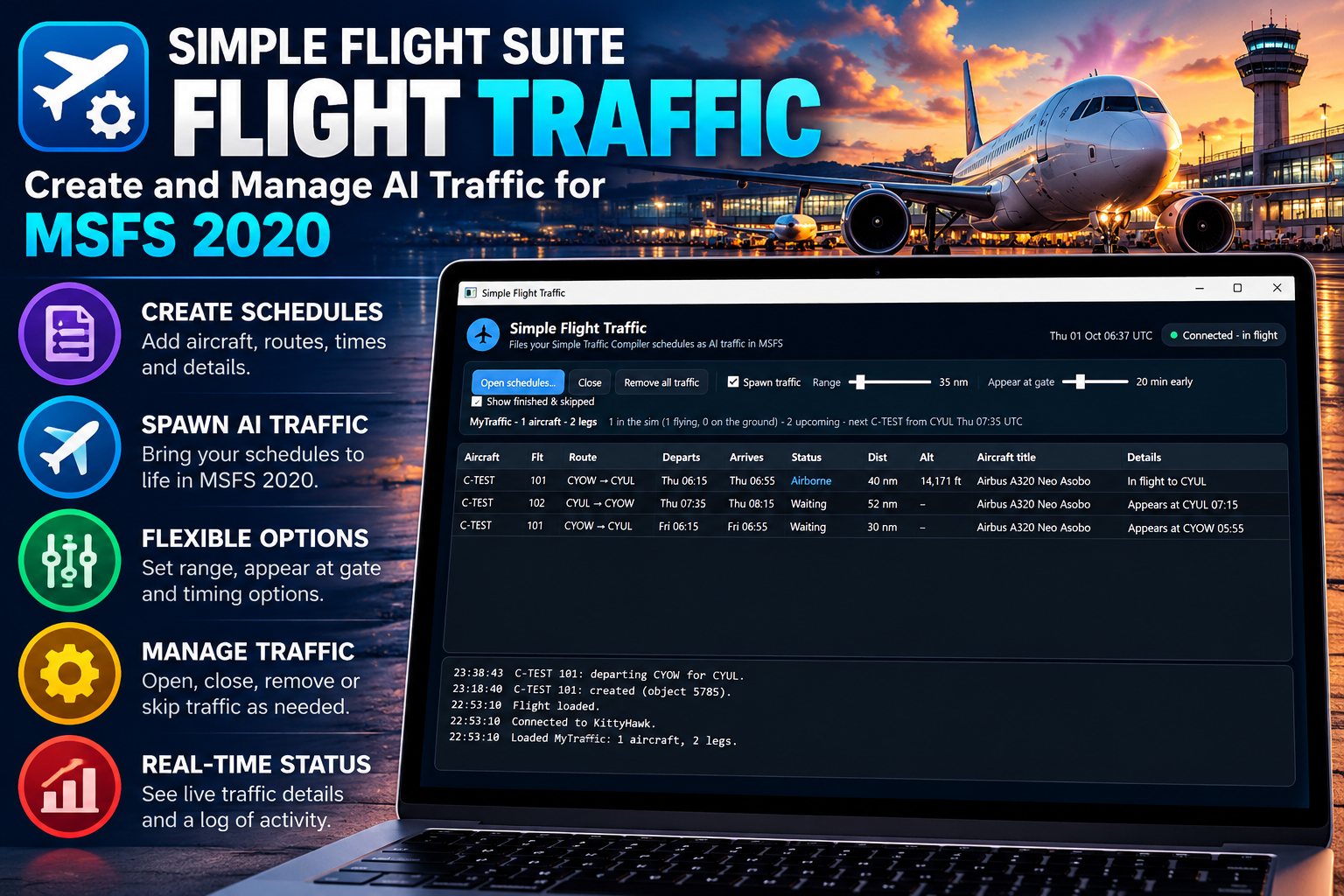 Simple Flight Traffic on Windows: a list of scheduled flights with their routes, departure times and status, one of them airborne at 14,000 feet, above an activity log.