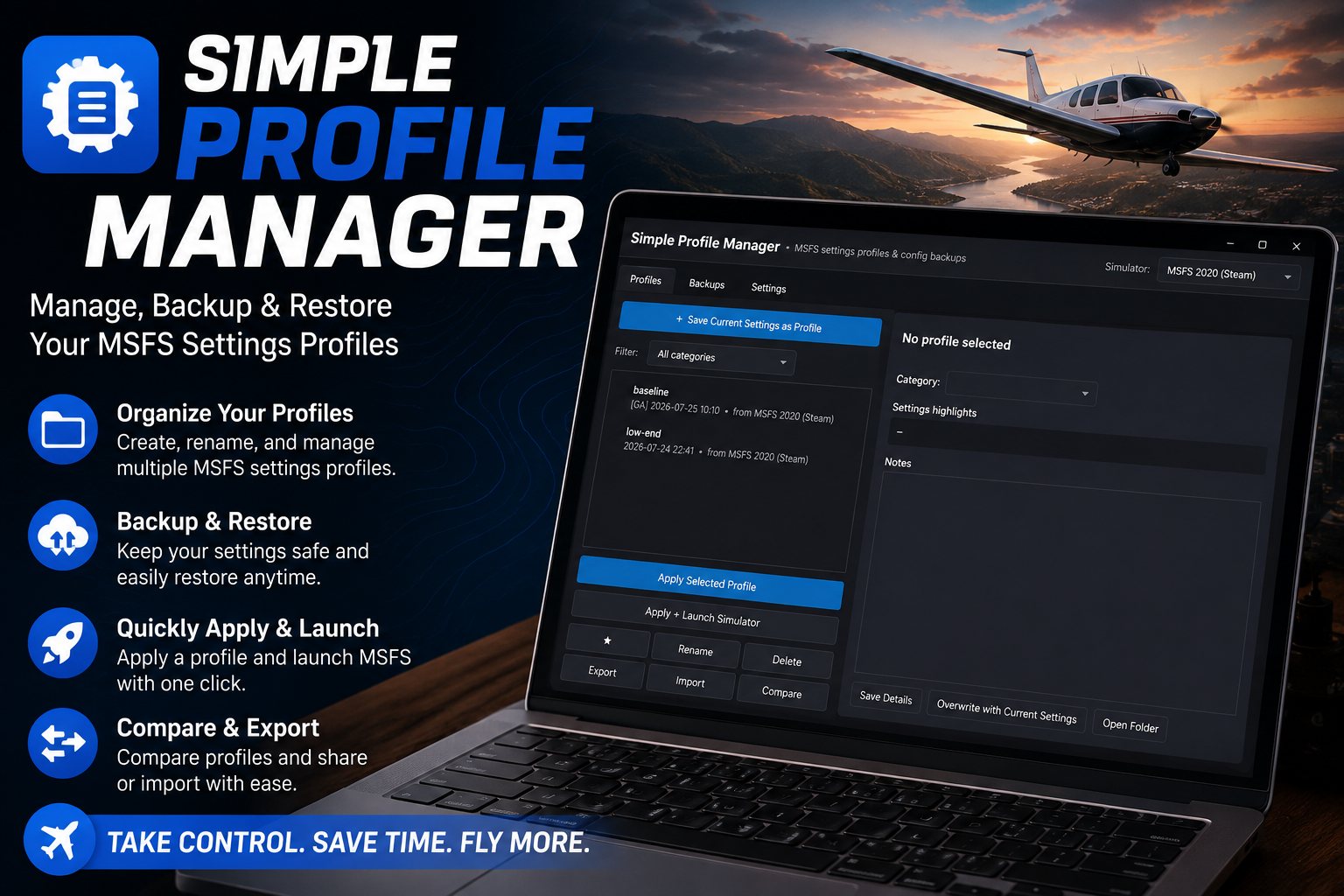 Simple Profile Manager open on a laptop, listing saved settings profiles with apply, compare, export and backup controls.
