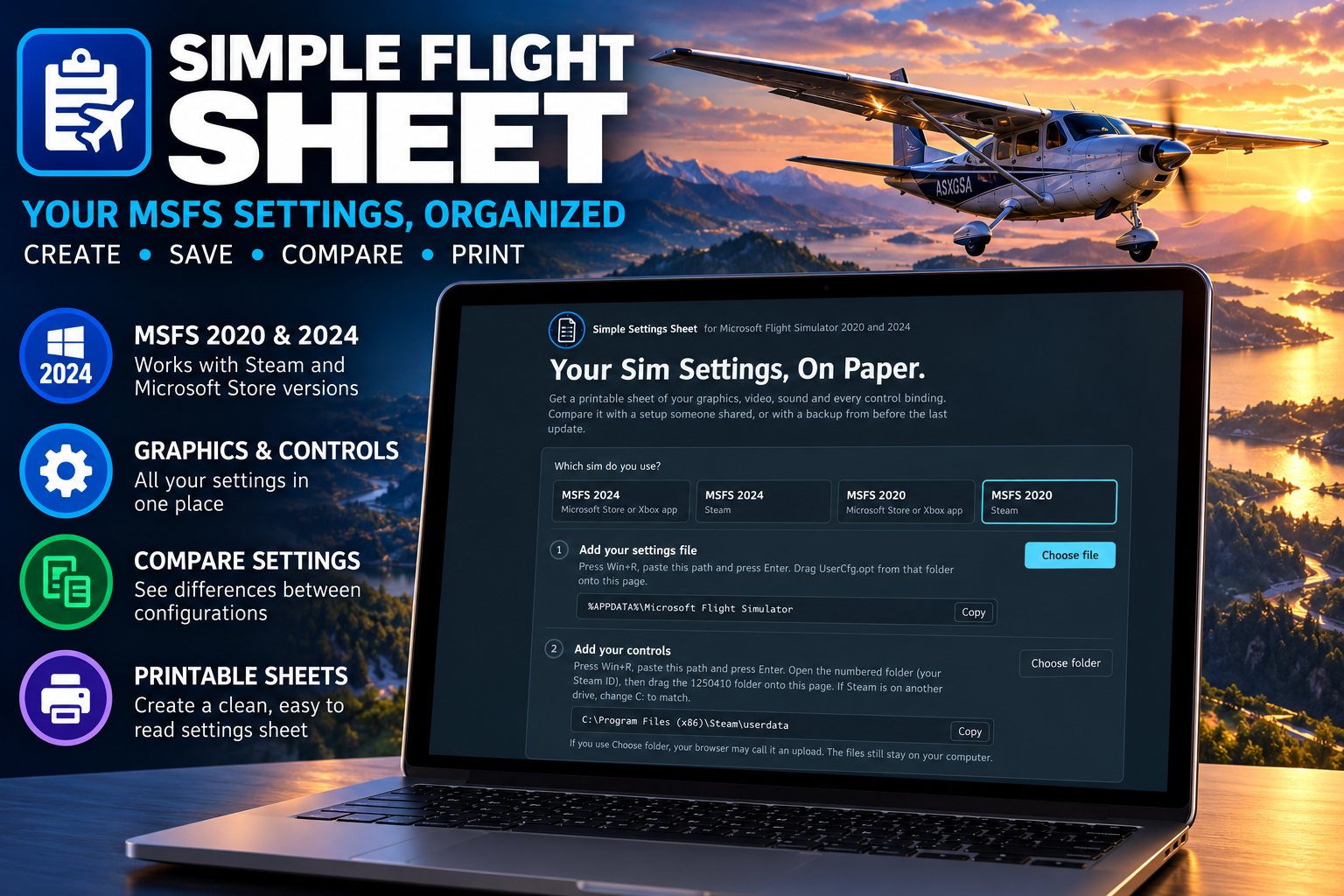 Simple Settings Sheet open in a laptop browser, showing the sim version picker and the two steps for adding your settings file and your controls folder.