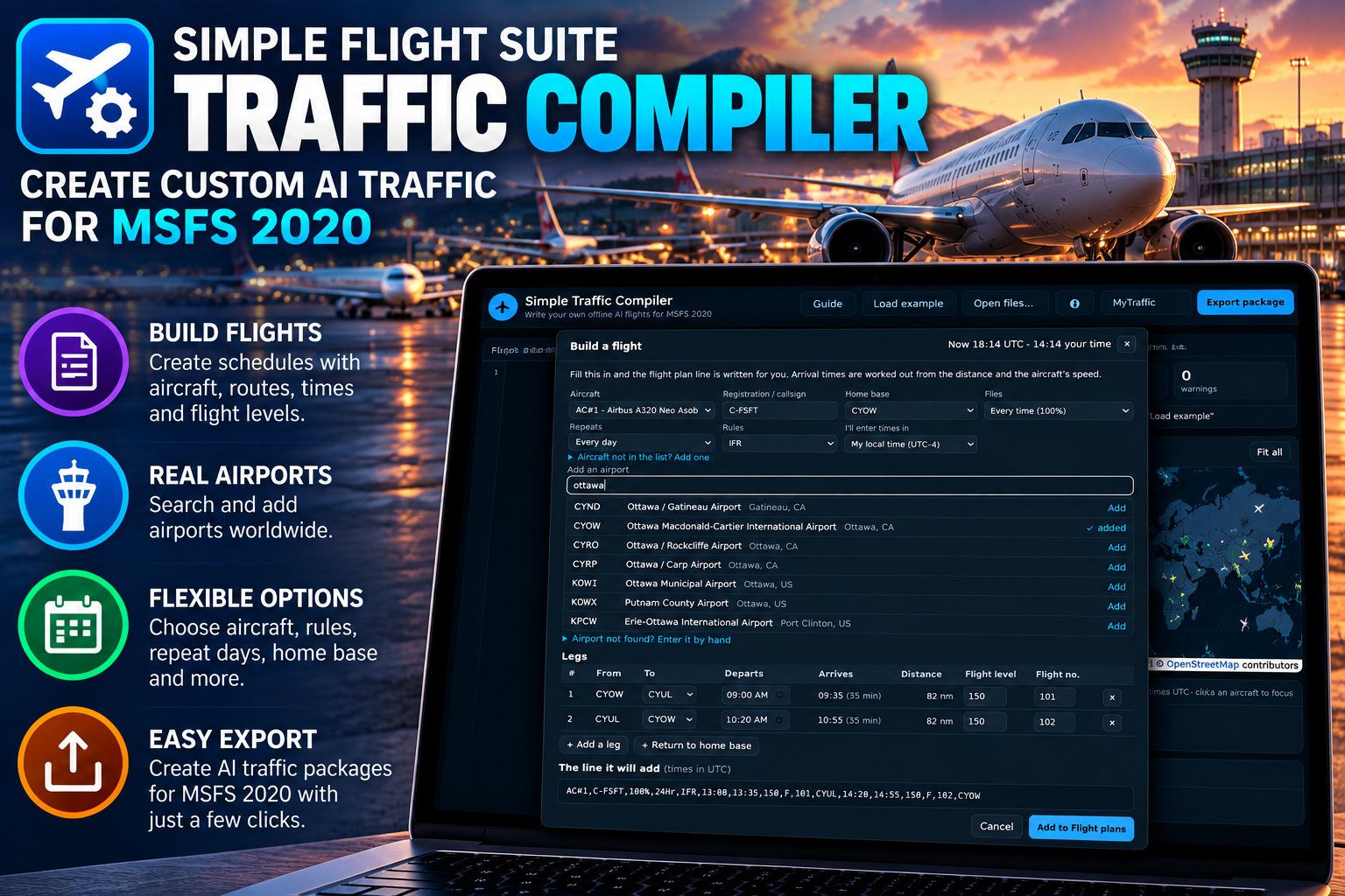Simple Traffic Compiler's Build a flight form: an aircraft and home base chosen from lists, a search for Ottawa showing four airports to add, and two legs with their departure and arrival times filled in.